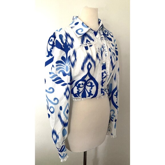 NWT Mulla Print Tie Front Cropped Long Sleeve Blouse Trendy Sz L (Small Stain) - Picture 6 of 12